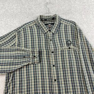 Harley Davidson Shirt Mens 2XL‎ Gray Black Plaid Button Embroidered Logo Skull